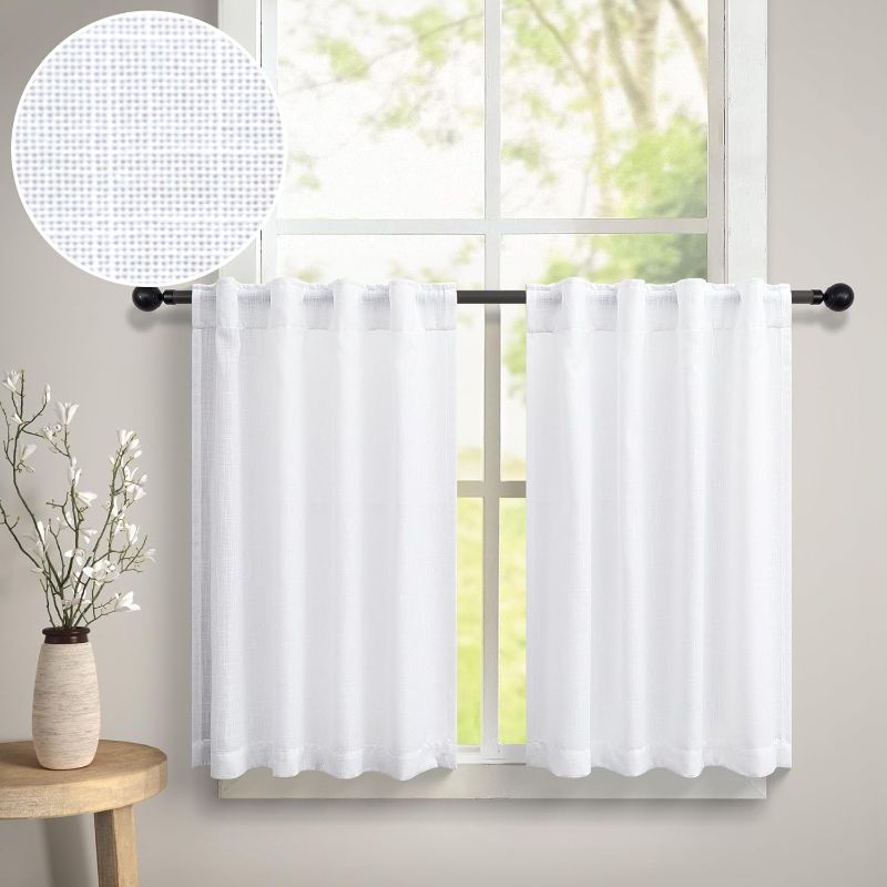 Photo 1 of 30 Inch Curtains for Small Window 2 Pack Back Tab Pocket Light Semi Transparent Boho Farmhouse Kitchen Curtains Cafe Sheer Short White Linen Curtains for Office Bay Window Cabinet Cupboards 36x30