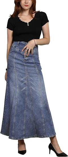 Photo 1 of CHARTOU Women's Retro Exposure Button-Fly Packaged Hip A-Line Maxi Long Denim Skirt