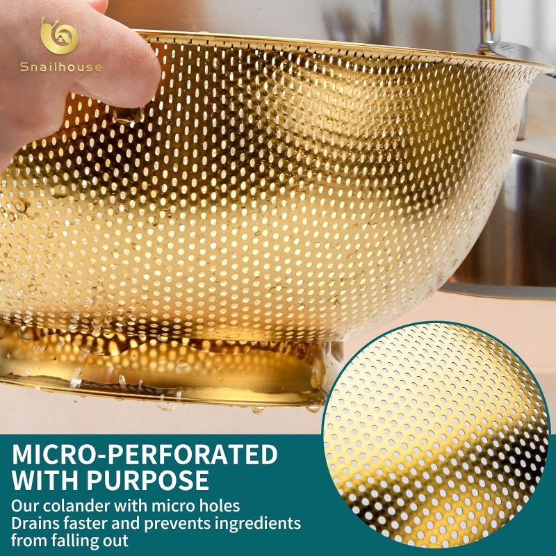 Photo 2 of Stainless Steel Pasta Rice Food Metal Strainer with Handles and Self-draining Base for Kitchen, Gold