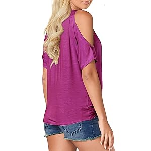 Photo 3 of Summer Cold Cut Out Open Shoulder Tops For Women 2023 Trendy Sexy Casual Short Sleeve V Neck T Shirts Ladies Cute Criss Cross Front Twist Knot Dolman Blouses Magenta Fuchsia Purple XL