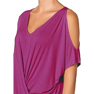 Photo 2 of Summer Cold Cut Out Open Shoulder Tops For Women 2023 Trendy Sexy Casual Short Sleeve V Neck T Shirts Ladies Cute Criss Cross Front Twist Knot Dolman Blouses Magenta Fuchsia Purple XL