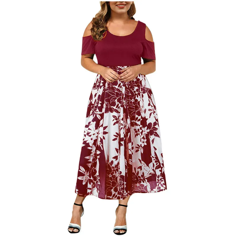 Photo 3 of Lg Casual Loose O Neck Short Sleeve Exposed Shoulder Flower Tie-dye Print Waist Midi Dresses Tunic Spring Summer Dresses for Women