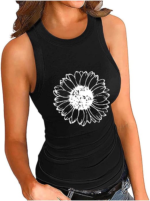 Photo 2 of Womens Athletic Top Fashion Women Sleeveless Sunflower Print Casual O-Neck Tank Top Blouse T-Shirts, lrg 