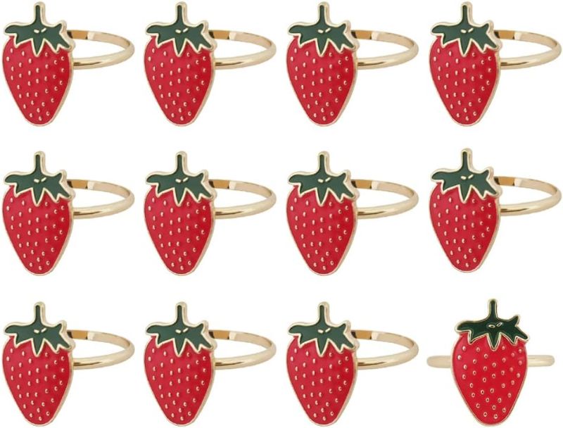 Photo 1 of Strawberry Napkin Rings Set of 12, Fashion Simple Fruit Series Strawberry Shape Napkin Rings for Easter, Christmas, Holiday Party Table Napkin Accessories Decoration (Strawberry)