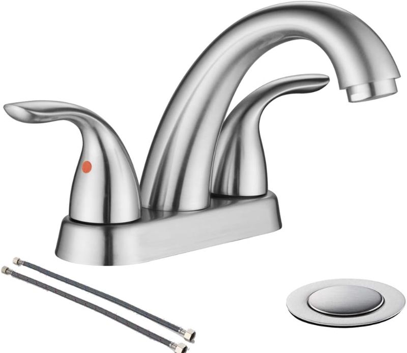 Photo 1 of Phiestina Centerset 4 Inch Brushed Nickel 2 or 3 Holes Stainless Steel Bathroom Sink Faucet, 2 Handle Bathroom Faucet with Copper Pop Up Drain and Water Supply Lines