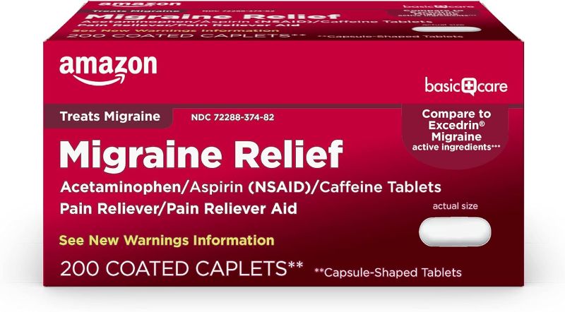 Photo 1 of Amazon Basic Care Migraine Relief Acetaminophen, Aspirin (NSAID) and Caffeine Tablets, Pain Reliever/Pain Reliever Aid, 200 Count