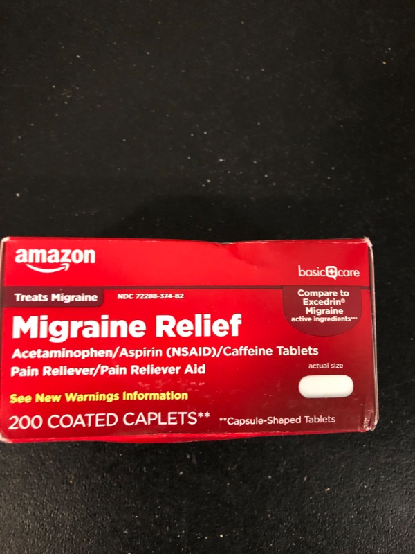 Photo 2 of Amazon Basic Care Migraine Relief Acetaminophen, Aspirin (NSAID) and Caffeine Tablets, Pain Reliever/Pain Reliever Aid, 200 Count