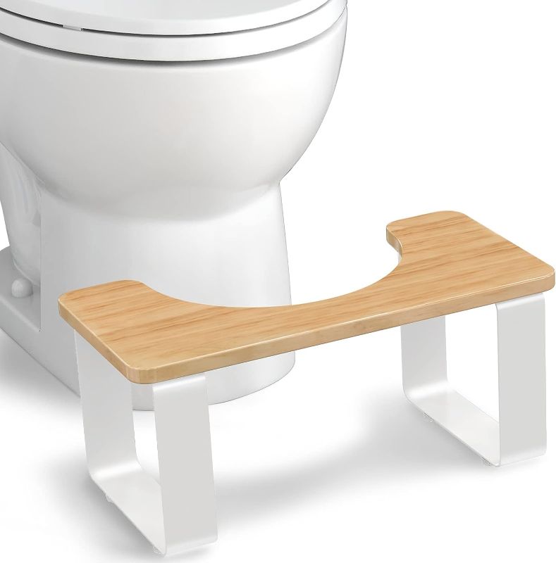 Photo 1 of 7'' Wooden with Metal Squatting Toilet Stool, Bathroom Poop Stool for Adults, Potty Stool Anti-Slip Brown and White A01