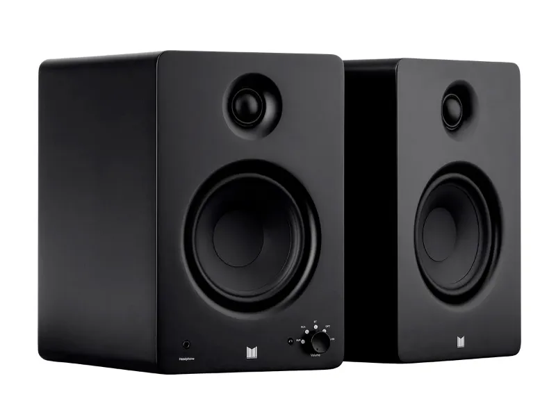 Photo 1 of Monolith by Monoprice MM-5 Powered Multimedia Speakers with Bluetooth with Qualcomm aptX HD Audio, USB DAC, Optical Inputs, Subwoofer Output and Remote Control (Pair), Black
