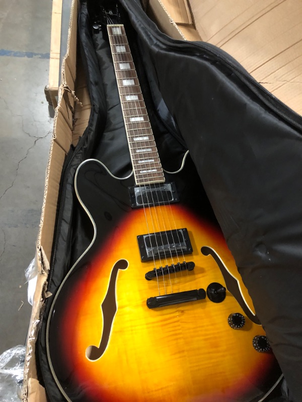 Photo 4 of Indio by Monoprice Boardwalk Flamed Maple Semi Hollow Body Electric Guitar with Gig Bag, Sunburst