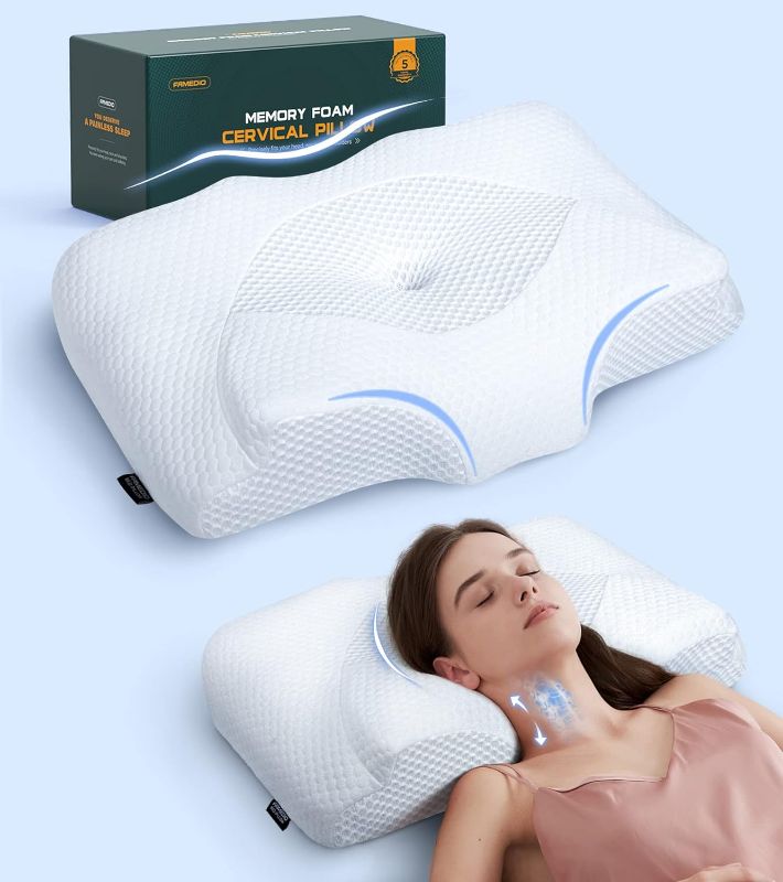 Photo 1 of Famedio Adjustable Cervical Pillow for Neck Pain Relief, Hollow Contour Memory Foam Plus Support, Odorless Orthopedic Bed Pillows for Sleeping, Shoulder Pillow for Side Back Stomach Sleeper