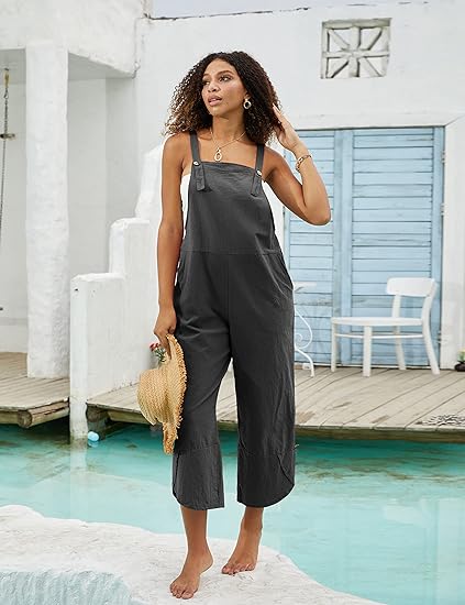 Photo 1 of Springrain Womens Summer Bib Overalls Cotton Linen Cropped Tulip Hem Casual Jumpsuit Romper Size S