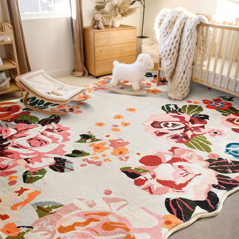 Photo 1 of Floral Rug for Bedroom, Low Pile Thin Area Rug Machine Washable Soft Shag Nursery Rug Non-Slip Kithcen Entryway Rugs Shabby Chic Vintage Flowers Indoor Floor Carpet for Living Room
