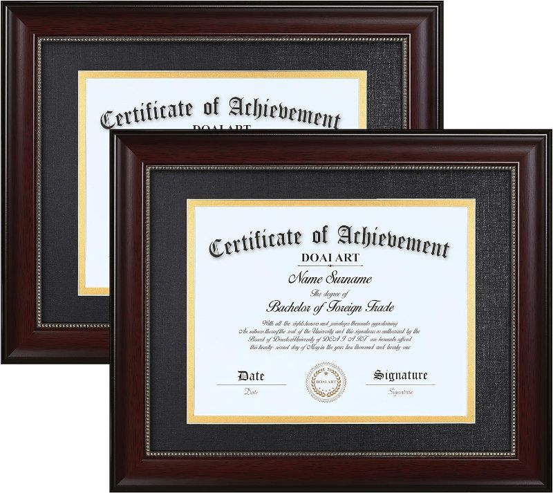 Photo 1 of DOAI ART 8.5 x 11 Diploma Frame Set of 2 Classic Mahogany with Black and Gold Double Mat or Displays Document&Certificate 11x14-inch Without Mat,Wide Molding, Gold Beads Hanging Hardware Included, Tabletop