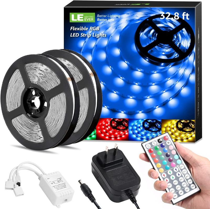 Photo 1 of LED Strip Lights, 32.8ft Waterproof RGB 5050 LED Strips with Remote Controller, Color Changing Tape Light with 12V Power Supply for Room, Bedroom, TV, Kitchen, Desk