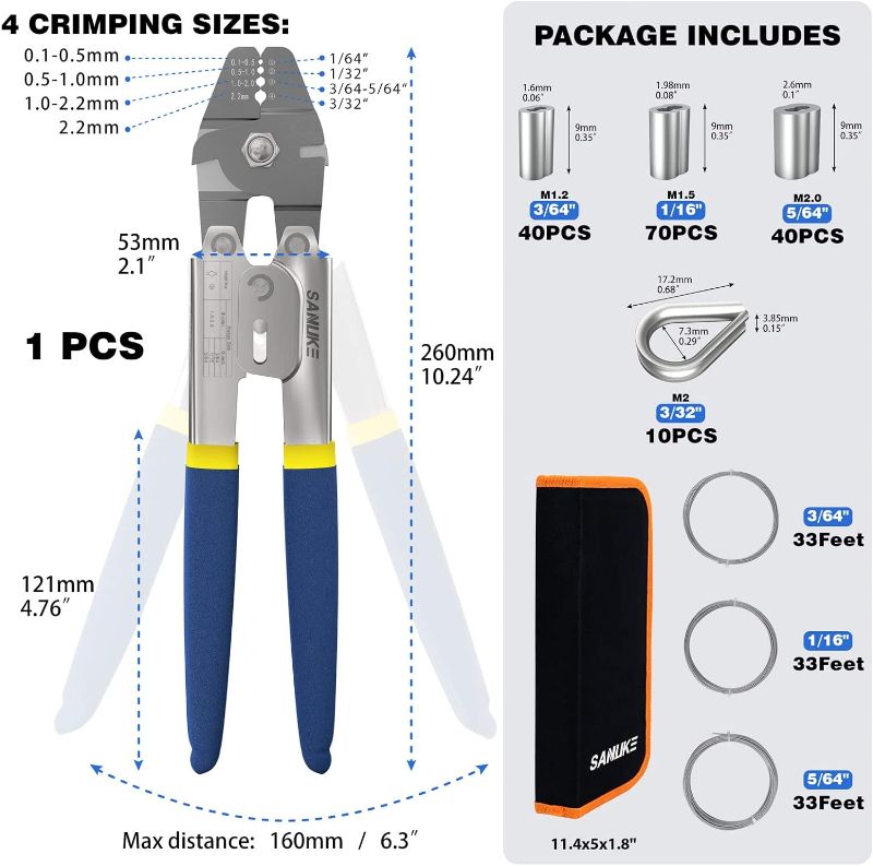 Photo 1 of Sanuke Wire Rope Crimping Tool for 3/64 5/64 1/16 Wire Rope with Stainless Steel 304 Wire Cable 3 Sizes 33FT and 150pcs Sleeves Stops, 10pcs Thimble