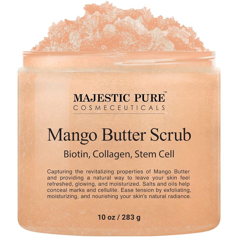 Photo 1 of Majestic Pure Mango Butter Body Scrub - With Biotin, Collagen, Stem Cell - Exfoliating Salt Scrub to Exfoliate and Moisturize Skin - Deep Skin Cleanser - Natural Skin Care for Men and Women - 10 oz