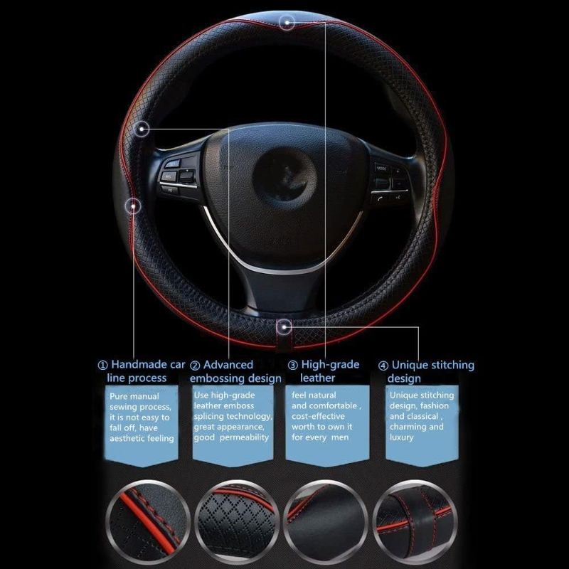 Photo 2 of Car Steering Wheel Cover, Anti-Slip, Safety, Soft, Breathable, Heavy Duty, Thick, Full Surround, Sports Style (Black with Red line)