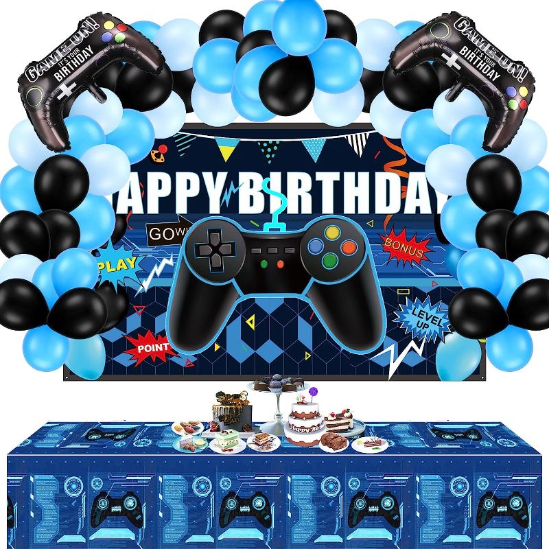Photo 1 of 34 Pieces Video Game Party Supplies Set Gamer Brthday Decorations Including Happy Birthday Gaming Backdrop, Game Table Covers, Multi-Color Balloons and Foil Gamer Balloons for Game Party Decoration