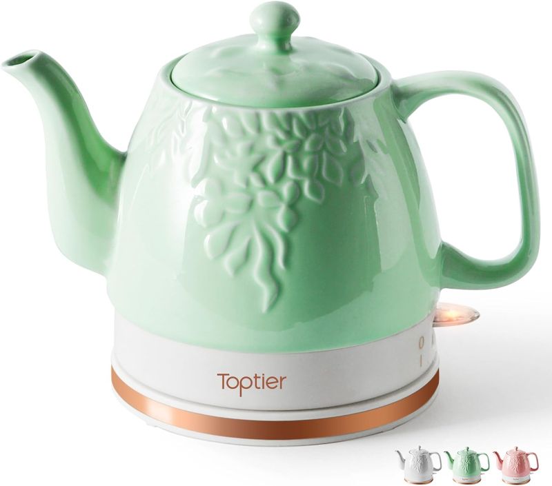 Photo 1 of Toptier Electric Ceramic Tea Kettle, Boil Water Quickly and Easily, Detachable Swivel Base & Boil Dry Protection, Carefree Auto Shut Off, 1 L, Green Leaf