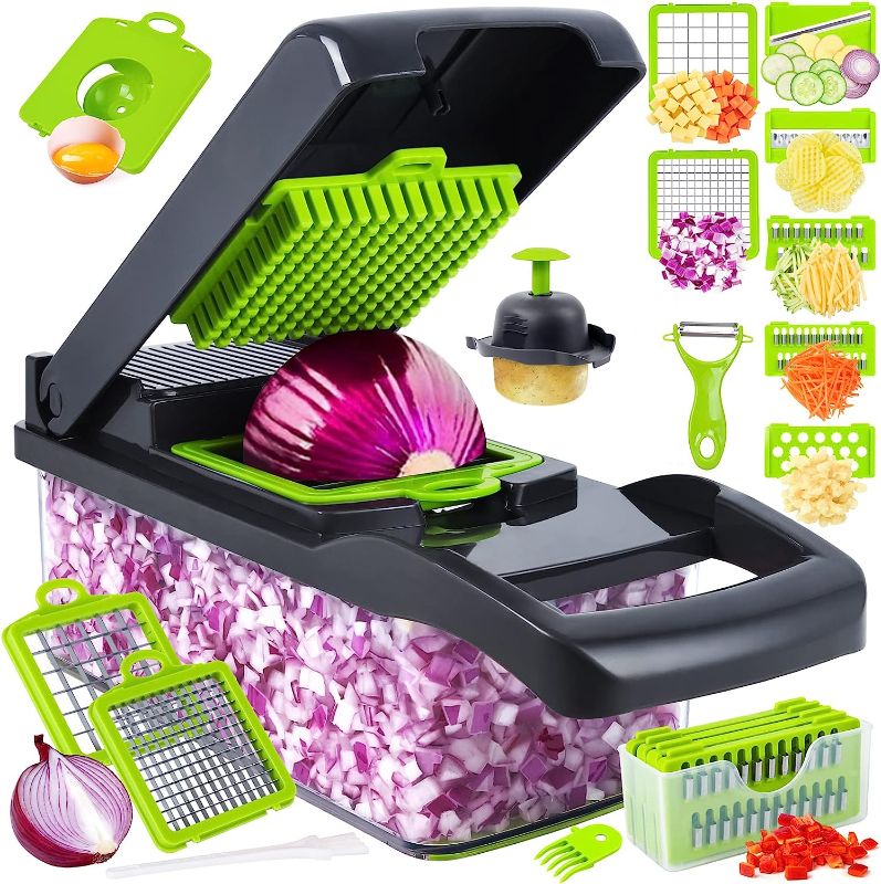 Photo 1 of Vegetable Chopper, Pro Onion Chopper, 14 in 1Multifunctional Food Chopper, Kitchen Vegetable Slicer Dicer Cutter,Veggie Chopper With 8 Blades,Carrot Chopper With Container (Grey)