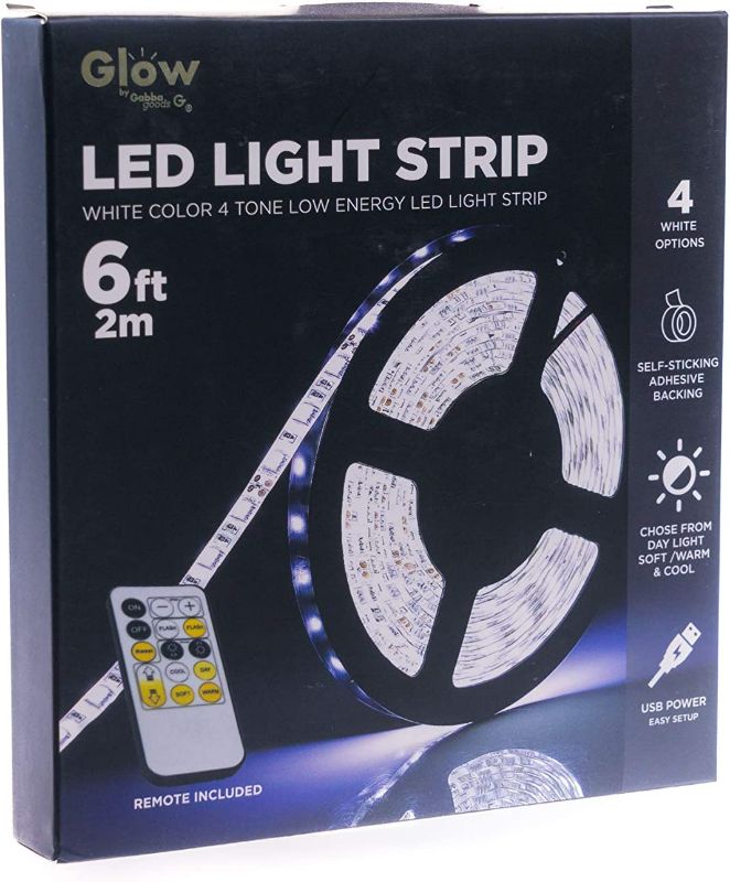 Photo 1 of Gabba Goods Glow LED Strip Lights for Bedroom Kitchen DIY Projects White Light with Remote Control 6 Foot (White, 6 ft)
