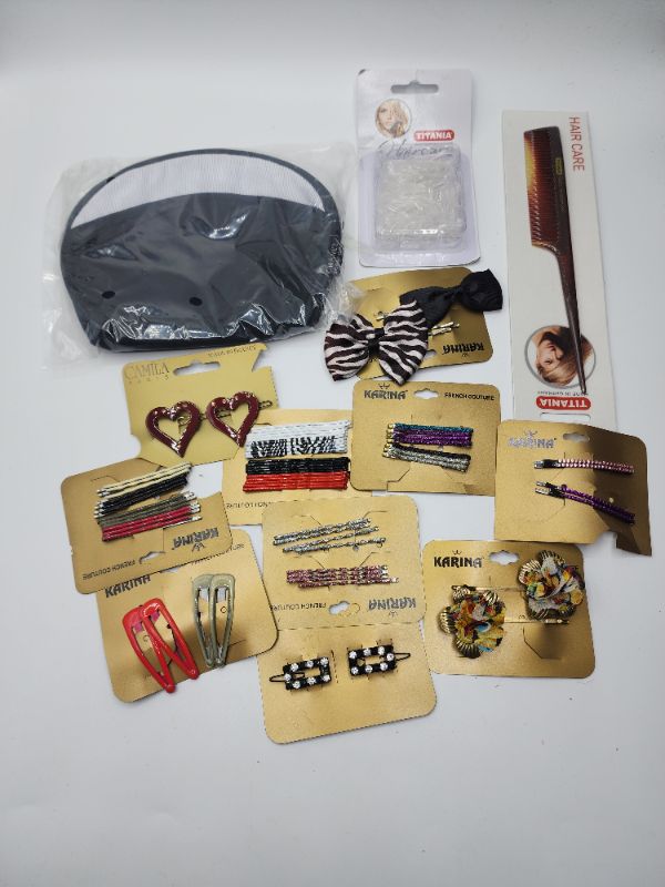 Photo 1 of Hair Decor Set 1 Rat Tail Comb, Box of Elastics 1 Carry Case, and 10 Variety Hair Pins 