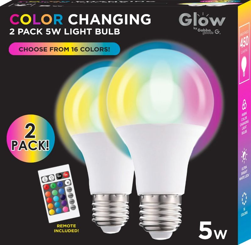 Photo 2 of 2-Pack Glow by GabbaGoods LED Multi-Color RGB Light Bulbs with Remote - 5 Watt
