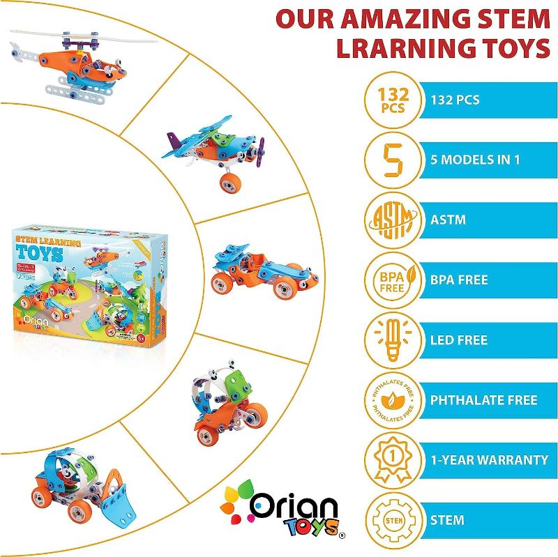 Photo 2 of Orian Toys 5 in 1 STEM Learning Toys for Boys and Girls, Best IQ Builder STEM Learning Toys Creative Construction Engineering for Kids 5-11 years old, DIY Building Kit, 132 Pieces, Play Set - Gift Box
