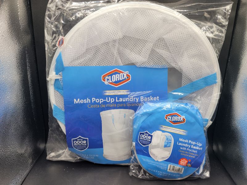 Photo 4 of Set of 2 Clorox Pop Up Laundry Baskets one round one square – Lightweight Mesh | Odor Protection Keeps Clothing Smelling Fresh | Collapsible Easy Storage | Portable, Folding Clothes Hampers