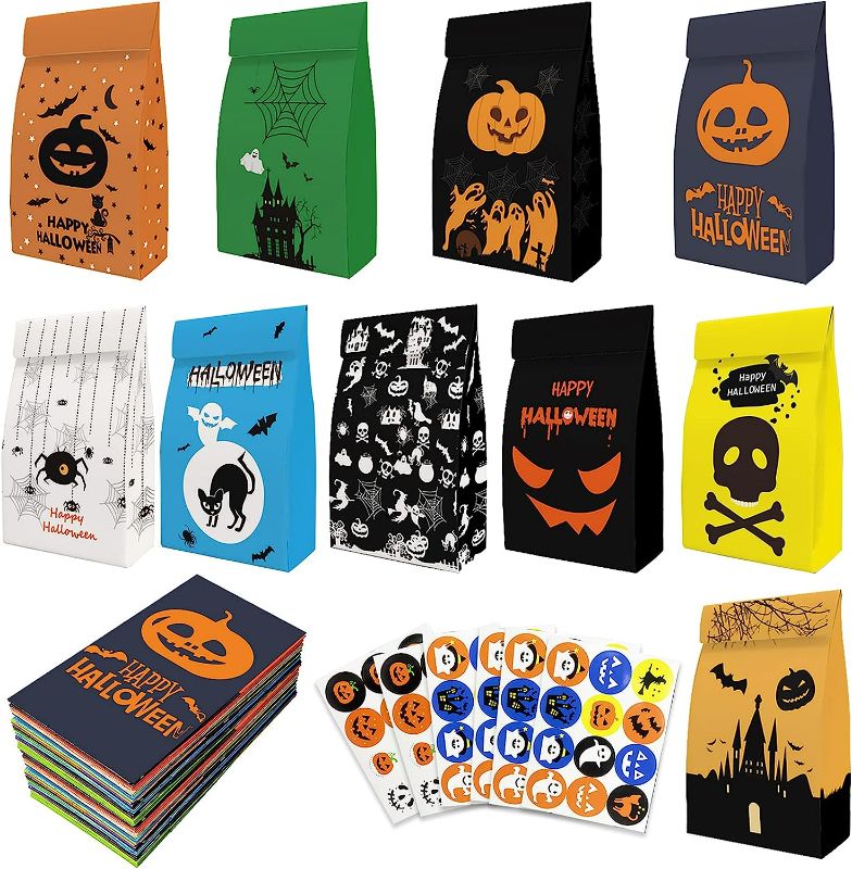 Photo 1 of Halloween Treats Bags Party Favors - 54 Pcs Kids Halloween Candy Bags for Trick or Treating + 72 Pcs Halloween Stickers, Mini Paper Gift Bags for Treats Snacks, Halloween Goodie Bags Party Supplies