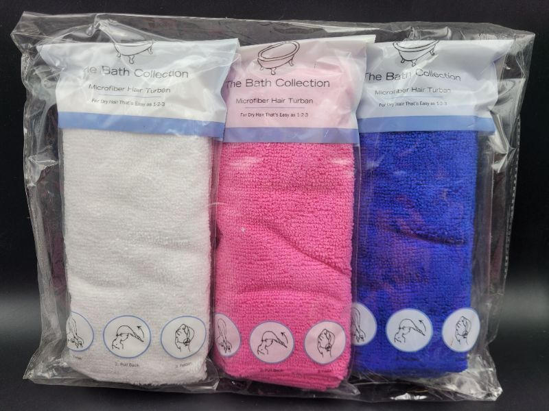 Photo 2 of THE BATH COLLECTION Microfiber Hair Towel, 3 Packs Hair Turbans for Wet Hair, Drying Hair Wrap Towels (White, Pink, Blue)