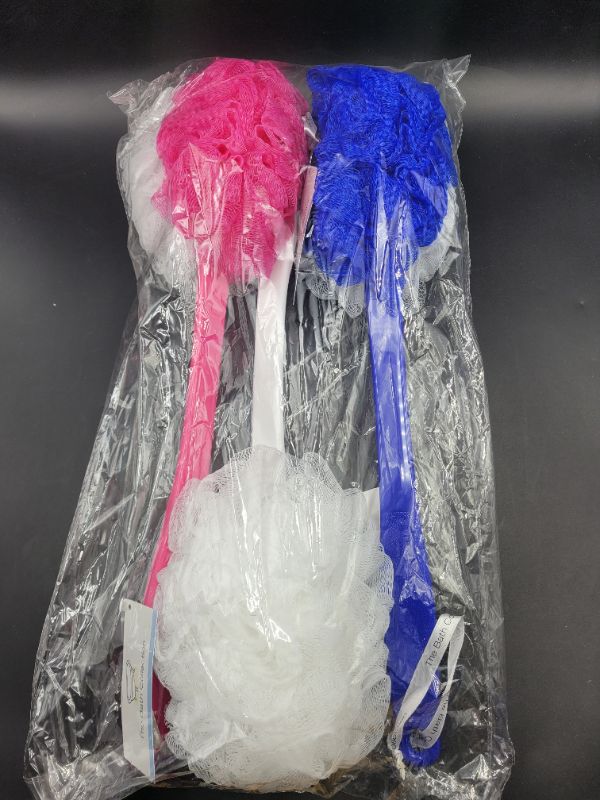 Photo 1 of THE BATH COLLECTION Net Bath Brush Loofah With Handle 3 pack White/Blue/Pink