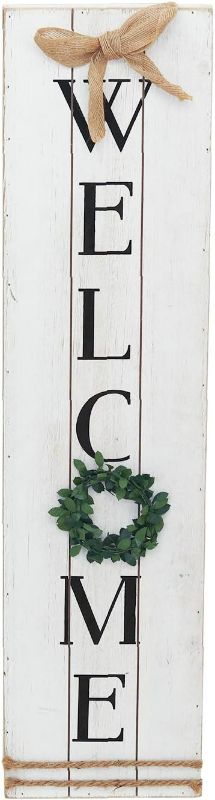 Photo 1 of Artisasset Vertical Whitewashed Wood Welcome Wall Plaque with Green Wreath Decor, Modern Farmhouse Wall Decor for Porch, Front Door, Entryway, 7-7/8"W x 1-5/8"D x 31-1/2"H