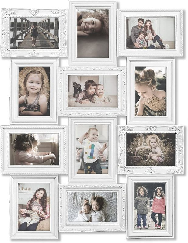 Photo 1 of Photo Collage Frames for Wall White Curved Classic European Style 12 Opening 27" x 20.5" Wall Hanging Picture Frame Collage 4" x 6" Photo Sockets x 12 | Gallery Style