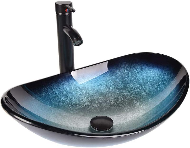 Photo 1 of Bathroom Sink and Faucet Combo - Artistic Tempered Glass Vessel Sink Basin Washing Bowl Set, Cabinet Countertop Sink with ORB Oil Rubbed Faucet Pop-up Drain and Water Pipe Lavatory (Oval Ocean Blue)