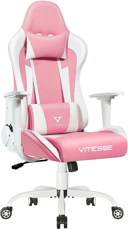 Photo 1 of PUKAMI Pink Cute Kawaii Gaming Chair for Girl Ergonomic Desk Racing Office Adjustable High Back Game Swivel Leather Chair with Lumbar Support and Headrest