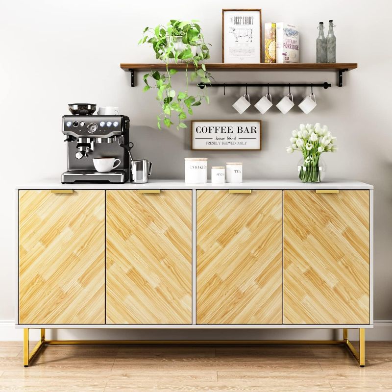 Photo 1 of Buffet Sideboard Cabinet with Storage, Modern Kitchen Storage Cabinet with 4 Doors, Accent Cabinet Entryway Cabinet Console Table with Adjustable Shelves for Living Room, Dining Room, Hallway White and Gold