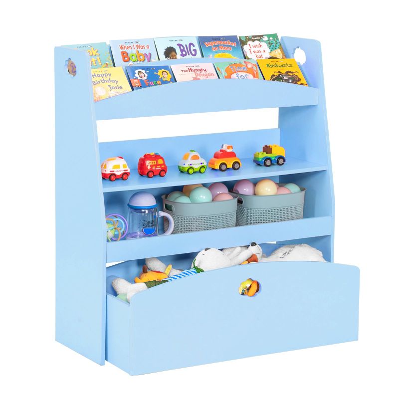 Photo 1 of JOYMOR Kids Toy Storage and Bookshelf, 4 Shelves and One Large Rolling Bin w/Wheels, Children's Toy and Book Organizer Blue