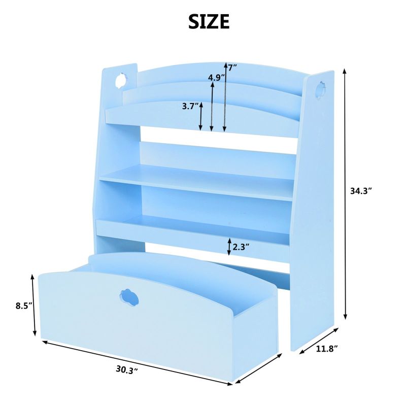 Photo 2 of JOYMOR Kids Toy Storage and Bookshelf, 4 Shelves and One Large Rolling Bin w/Wheels, Children's Toy and Book Organizer Blue