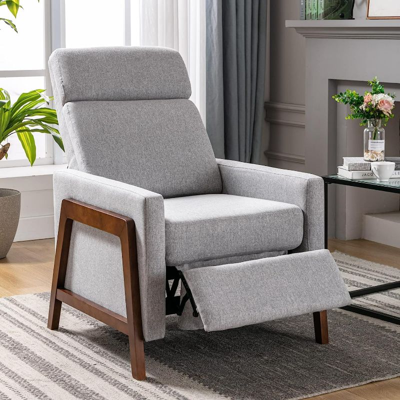 Photo 1 of Modern Mid Century Upholstered Recliner Chair with Thick Seat Cushion and Backrest Wood Greyood Accent Armchair for Living Room, Bedroom, Home Office Grey, Set of 1, Gray