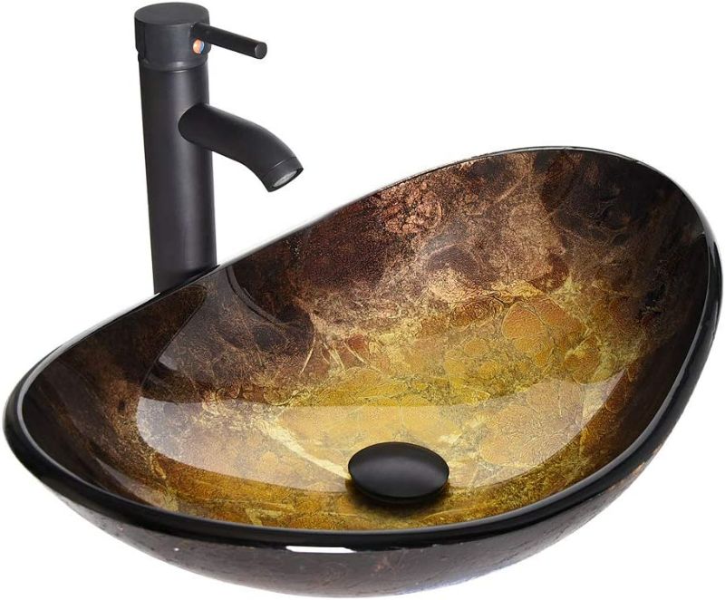 Photo 1 of Oval Bathroom Vessel Sink Bowl and Faucet Combo - Oil Rubbed Bronze Faucet and Pop Up Drain - Tempered Glass