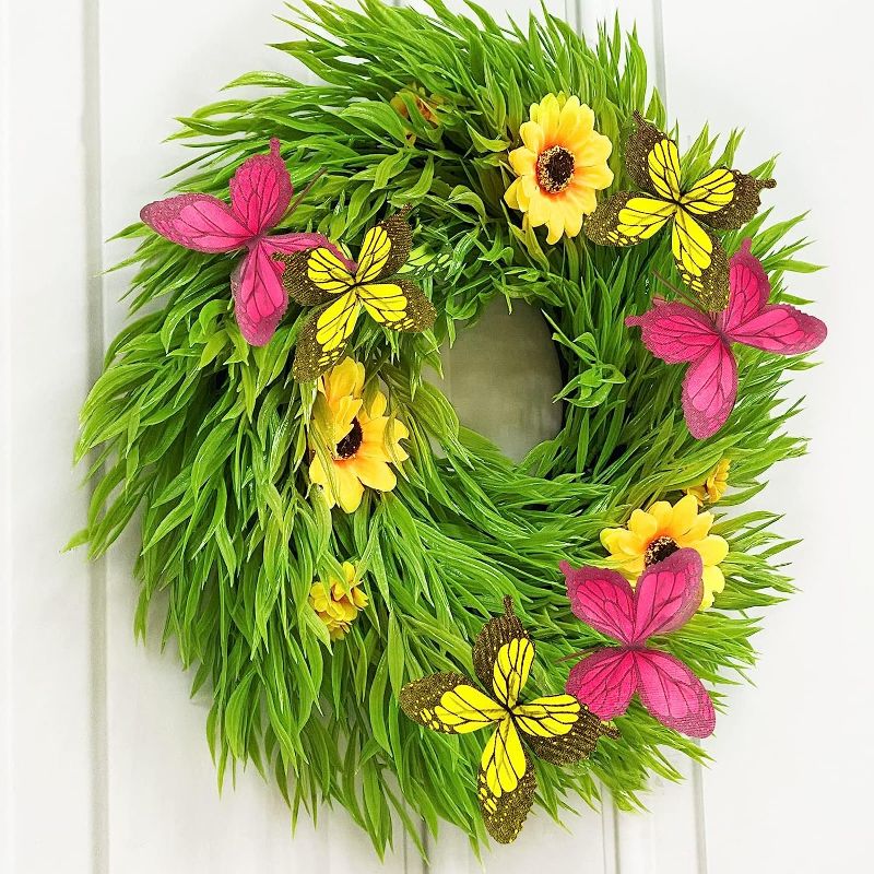 Photo 1 of Summer Wreath Front Door Decor Artificial Sunflower Fall Wreath Boxwood Summer Wreath Decoration Spring Indoor Outdoor Home Window Wall Farmhouse