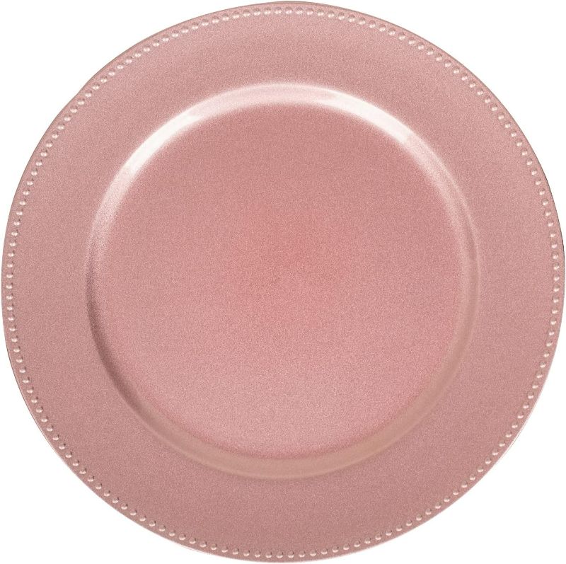 Photo 1 of MAONAME 13" Pink Charger Plates, Plastic Charger Plates with Beaded, Round Chargers for Dinner Plates, Plate Chargers for Wedding, Table Decor, Set of 6