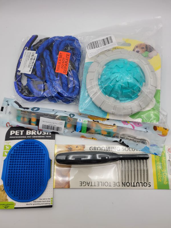 Photo 1 of 5 pcs Assorted Pet Dog Products Bundle: Dental Toy, Leashes/Collar, Comb/Brush 