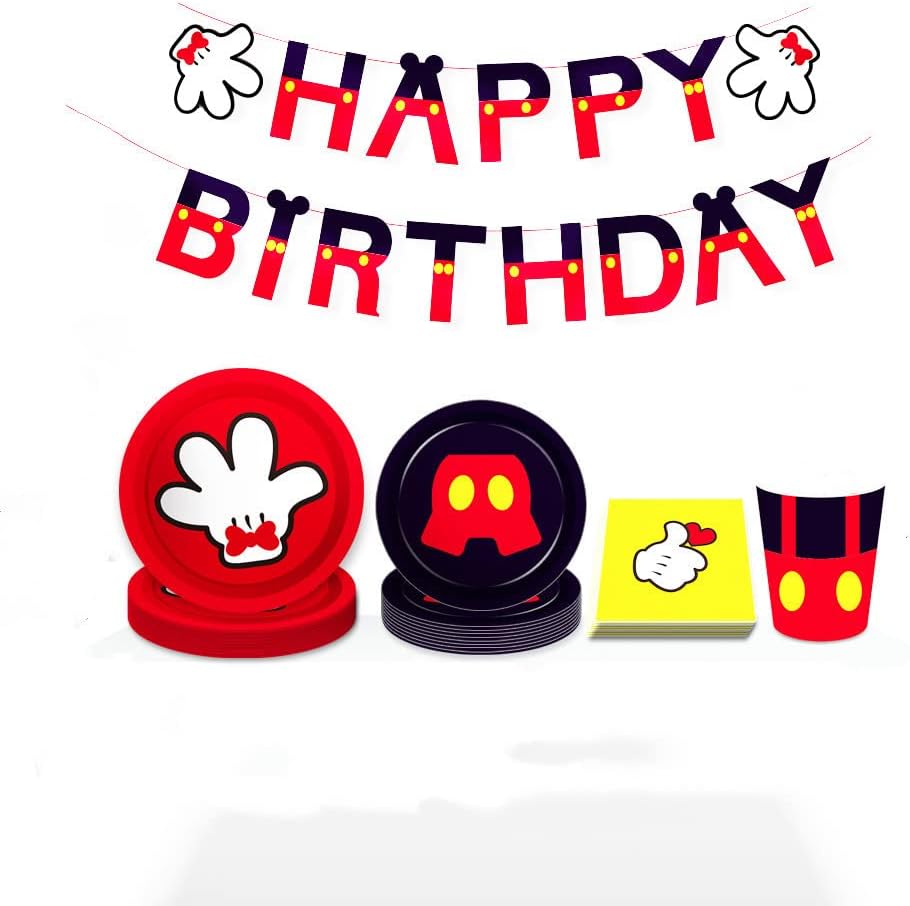 Photo 1 of Mickey’s Party Supplies, Mickey’s Birthday Decoration Set includes Disposable Plates, Dessert Plates, Cups, Napkins, Birthday Banners, And Can Accommodate 8 Guests