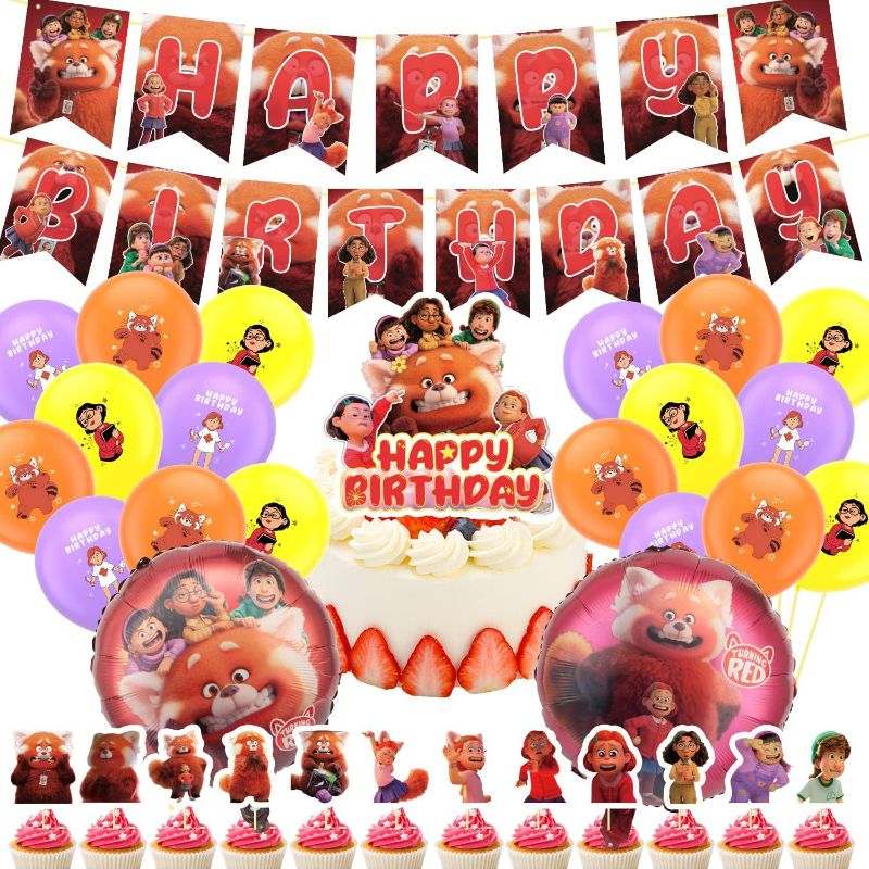 Photo 1 of Birthday Party Supplies Compatible with Turning Red, Red Panda Theme Decorations For Birthday Party Turning, Turning-Red Balloons, Banners, Cake Topper, Swirl Ribbon