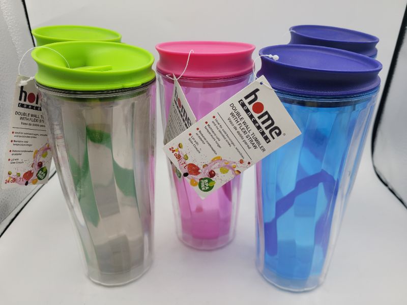 Photo 1 of 5 Count HomeConcepts BPA FREE Double Walled Tumbler With Flexi Straw 24oz Assorted Colors