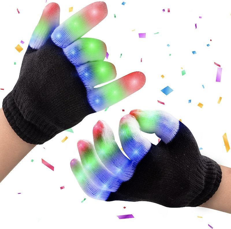 Photo 1 of 8 pairs PartySticks LED Gloves for Kids - Light Up Gloves for Kids and Adults with 3 Colors and 6 Flashing LED Gloves Modes, LED Finger Light Glow in The Dark Glow Gloves Size Large Adult, Black