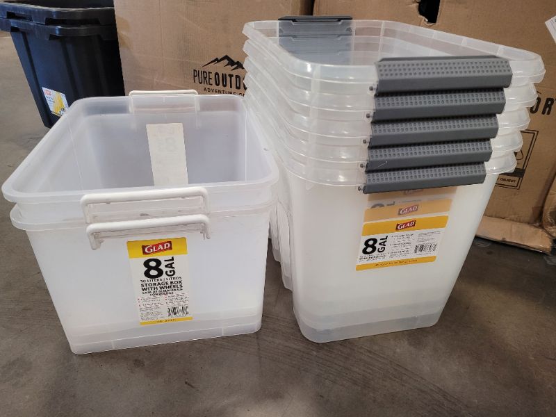 Photo 1 of 7 count GLAD 8 Gal/30 Liters Rolling Plastic Storage Box Totes with Buckles and Wheels, Clear, 2 Different Styles NO LIDS